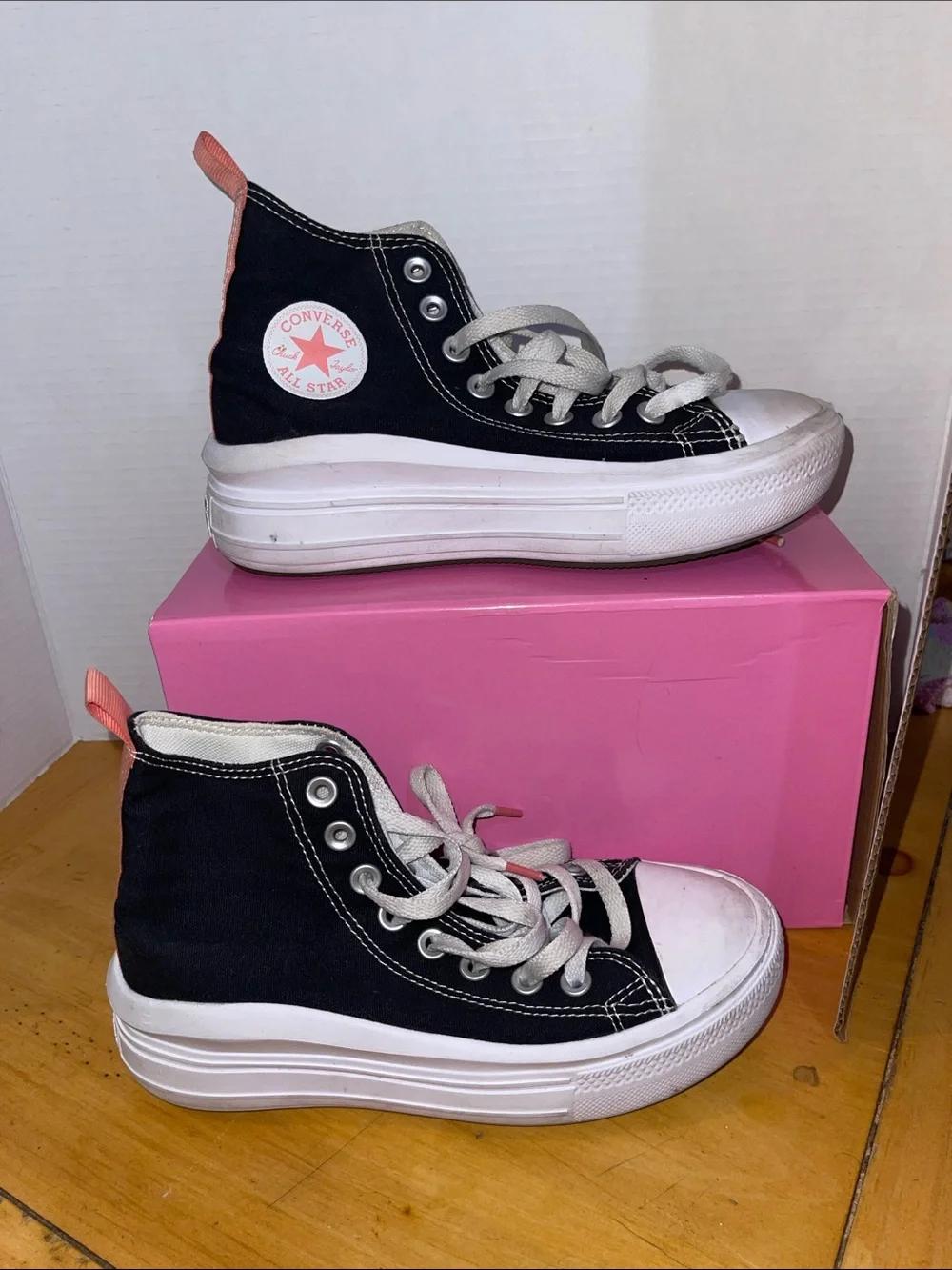 Converse Black High Top Platform Sneakers with Pink Heel Tab